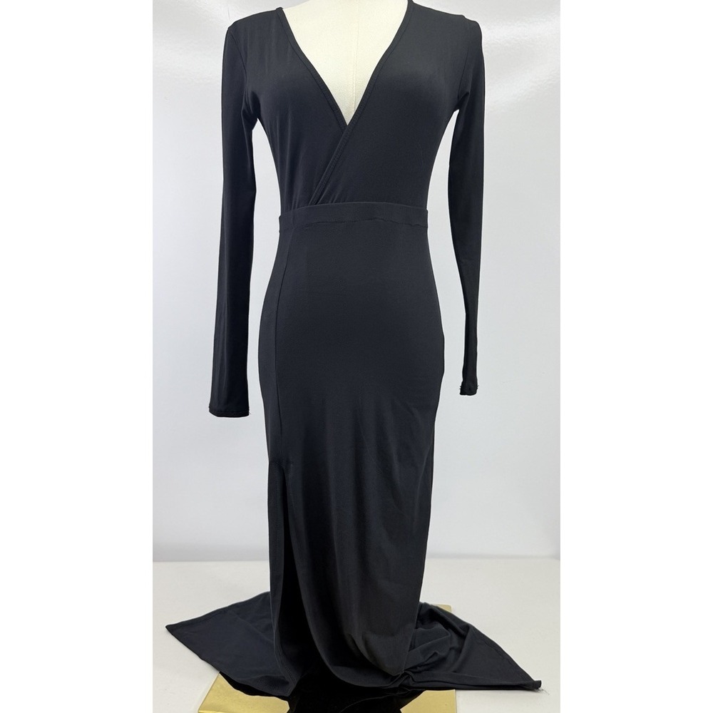 Capella Black Long Sleeve Maxi Dress Small Bodycon Column Gown Side Slit FLAWS